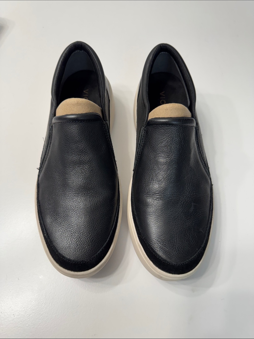 Vionic Black Leather Slip-On Flats with Cream Accents